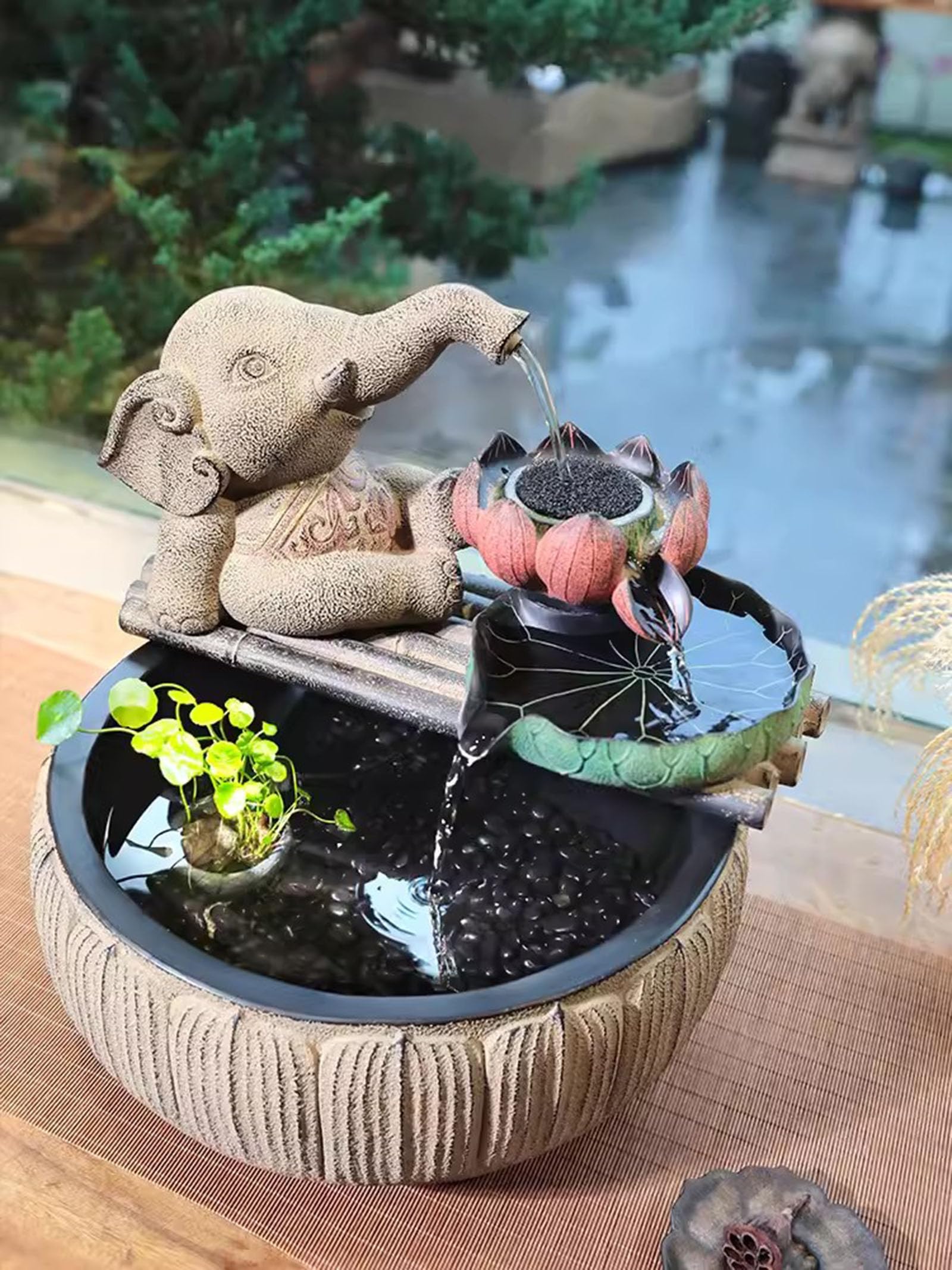 Amazon.co.jp: 象の像流れる水の装飾品、模造石彫刻樹脂工芸品ホーム